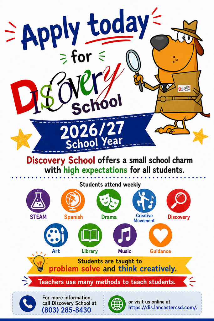 A colorful poster promoting Discovery School, showcasing icons for STEAM, Spanish, drama, and more. A cartoon dog holds a magnifying glass.