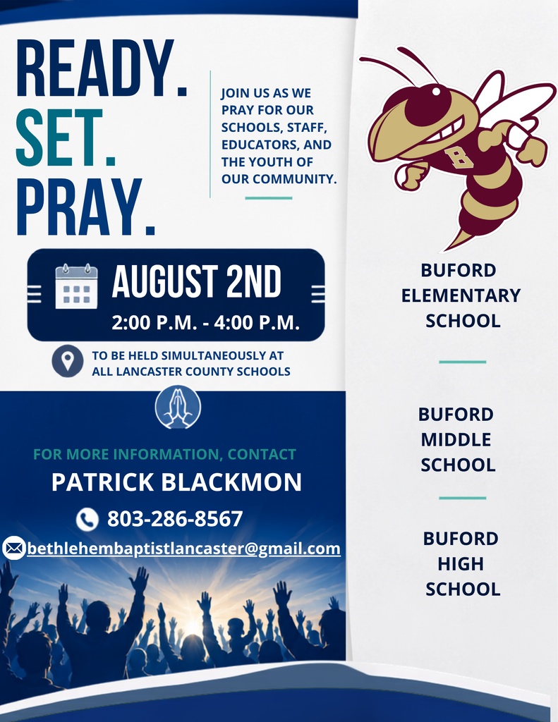Blue and white flyer. Text reads "Ready. Set. Pray." Event on August 2nd, 2:00 PM-4:00 PM. Contact Patrick Blackmon at 803-286-8567.