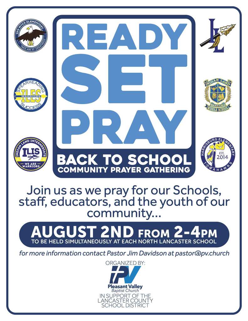 Blue and white flyer. Text reads: "Ready Set Pray". Logos for various community organizations. Date: August 2nd.