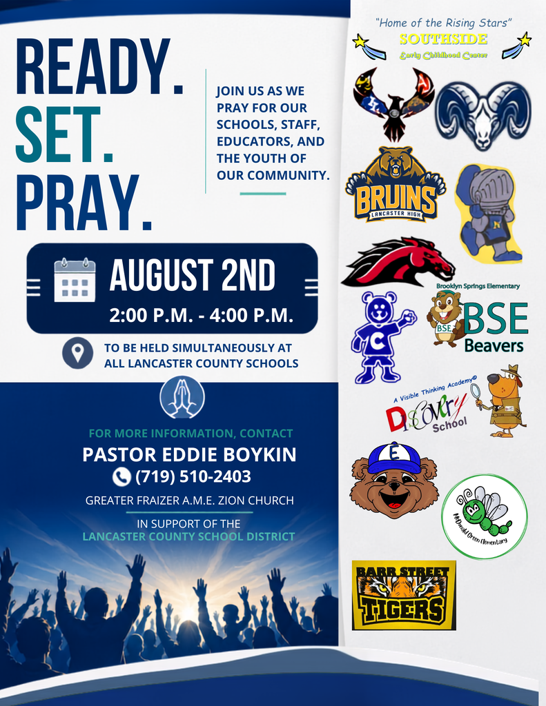 Flyers advertise a prayer event at Lancaster County Schools on August 2nd, 2-4 pm. Logos and mascots are present.