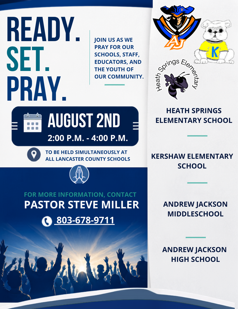 Event flyer for Heath Springs Elementary School. Text reads "Ready. Set. Pray." Dates, times, and contact information displayed.