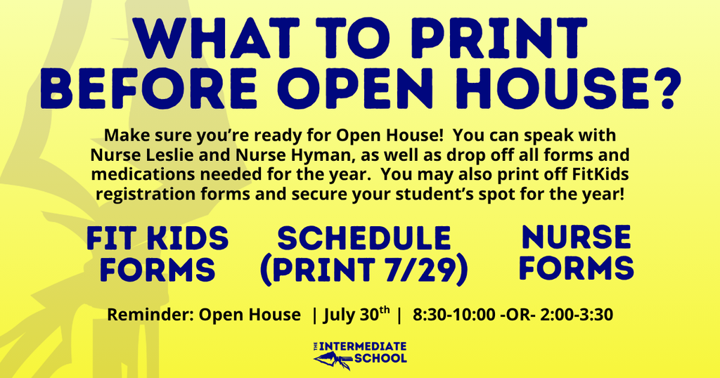 Yellow poster with blue text. "What to print before open house?" Bold text. Additional text. "Fit Kids Forms, Schedule (print 7/29), Nurse Forms."