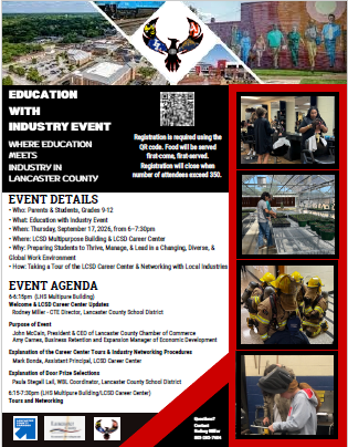 Education with Industry Event flyer for Thursday, September 17, 2026, from 6:00-7:30pm at LCSD Multipurpose Building and LCSD Career Center. Event is for parents and students in grades 9-12, focusing on preparing students to thrive in a changing, diverse, and global work environment. The flyer includes a detailed agenda starting with welcome and Career Center updates at 6:00pm, followed by tours and networking from 6:15-7:30pm. Registration is required via QR code; food will be served first come, first served until capacity of 350 attendees is reached. Contact Rodney Miller at 803-285-7404 for questions. The flyer features a collage of four photos showing: an indoor event with attendees, a student working in a greenhouse with plants, firefighters in yellow gear with a student, and a student working with hands-on equipment. Top banner shows aerial view of industrial facilities with a phoenix logo. Bottom includes logos for Lancaster County, Lancaster County Economic Development, and the phoenix emblem.