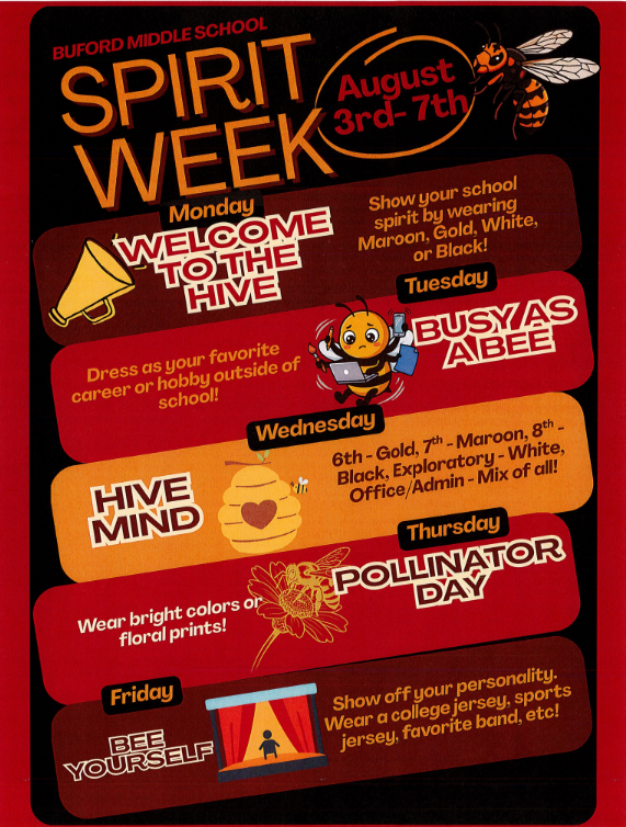 Spirit week poster with five days of themes. Day one is Welcome to the Hive. Day two is Busy as a Bee.
