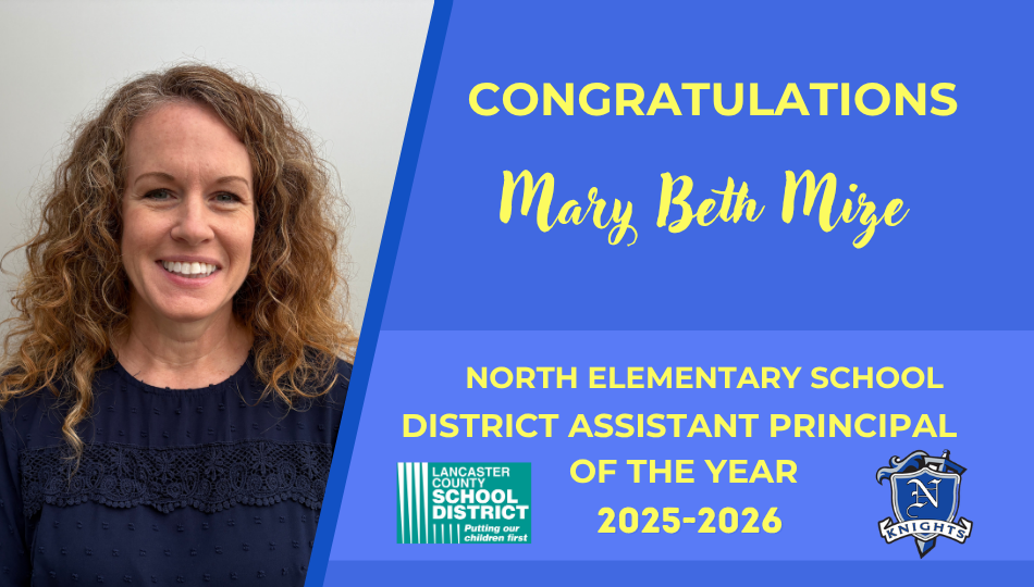 Woman with curly hair smiles for a photo. A blue banner reads "CONGRATULATIONS Mary Beth Mize" and "NORTH ELEMENTARY SCHOOL DISTRICT ASSISTANT PRINCIPAL OF THE YEAR 2025-2026."