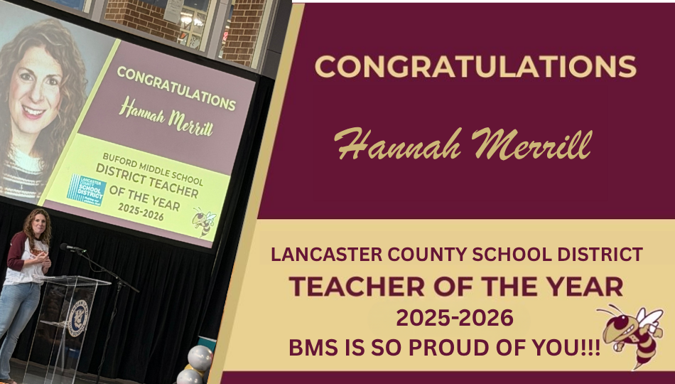 Person stands at podium, speaking. Behind, screen displays photo of smiling woman. Text: "Congratulations Hannah Merrill" and "Teacher of the Year."