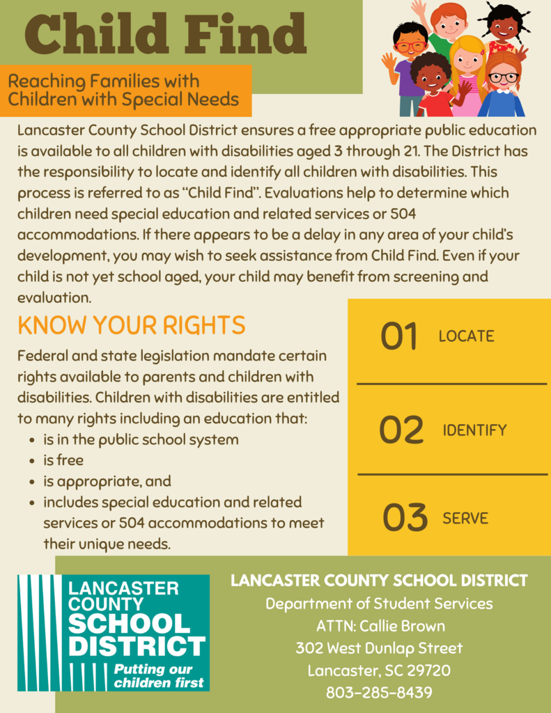 An informational flyer highlights Child Find services, featuring steps like Locate, Identify, and Serve with a background of diverse children.