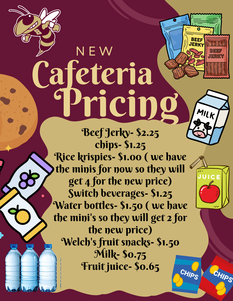 A menu with a brown background lists cafeteria items, including beef jerky, rice krispies, water bottles, and milk, each with prices.
