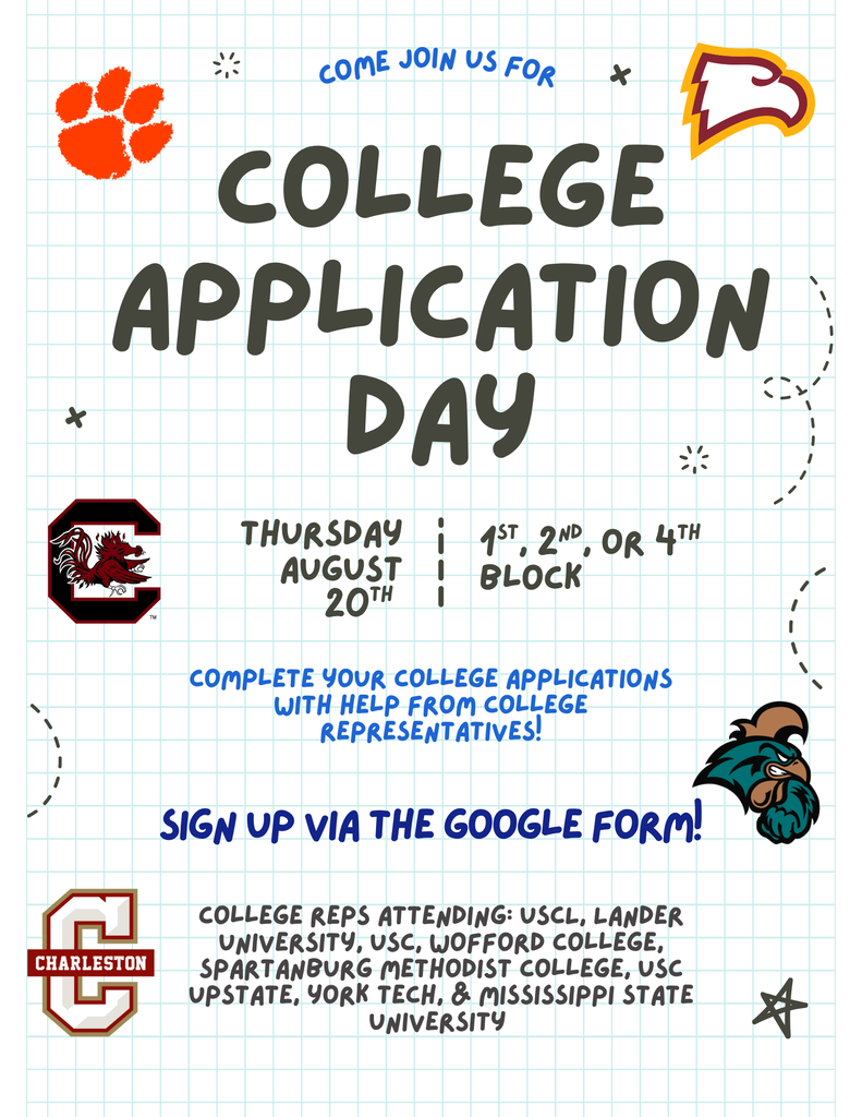 Graphic for College Application Day. A blue background with text and logos. Includes details of colleges attending and sign-up instructions.