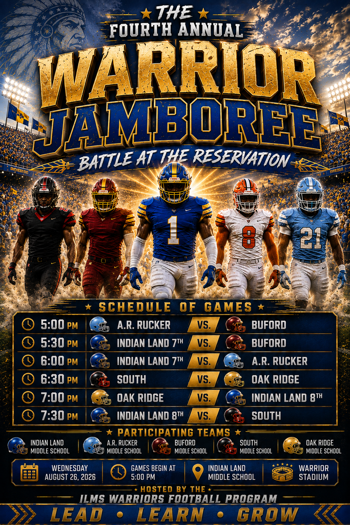 A poster announces "The Fourth Annual Warrior Jamboree Battle at the Reservation" featuring football players in helmets and jerseys, with a schedule of games.