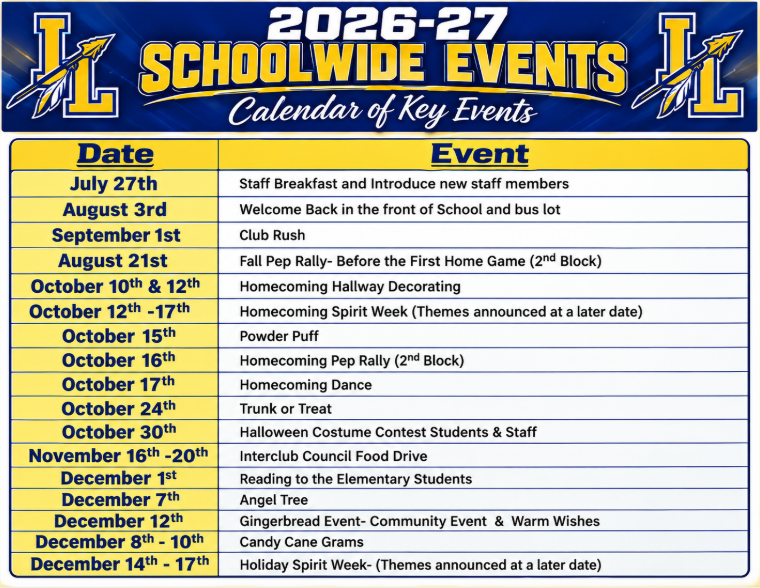 A calendar titled "2026-27 Schoolwide Events Calendar of Key Events" listing dates and activities for the upcoming school year. Events include: July 27th staff breakfast and new staff introductions; August 3rd welcome back event; September 1st Club Rush; August 21st fall pep rally; October 10th and 12th homecoming hallway decorating; October 12th-17th homecoming spirit week; October 15th Powder Puff; October 16th homecoming pep rally; October 17th homecoming dance; October 24th Trunk or Treat; October 30th Halloween costume contest for students and staff; November 16th-20th Interclub Council food drive; December 1st reading to elementary students; December 7th Angel Tree; December 12th Gingerbread Event community gathering and Warm Wishes; December 8th-10th Candy Cane Grams; and December 14th-17th Holiday Spirit Week. The calendar provides a comprehensive overview of school traditions, spirit events, and community service activities planned for the academic year.