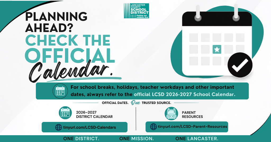 White background with green border. "Planning Ahead?" with a calendar icon. "Check the Official Calendar" with a checkmark. Logos, "2020-2021 District Calendar" and "Parent Resources" below.