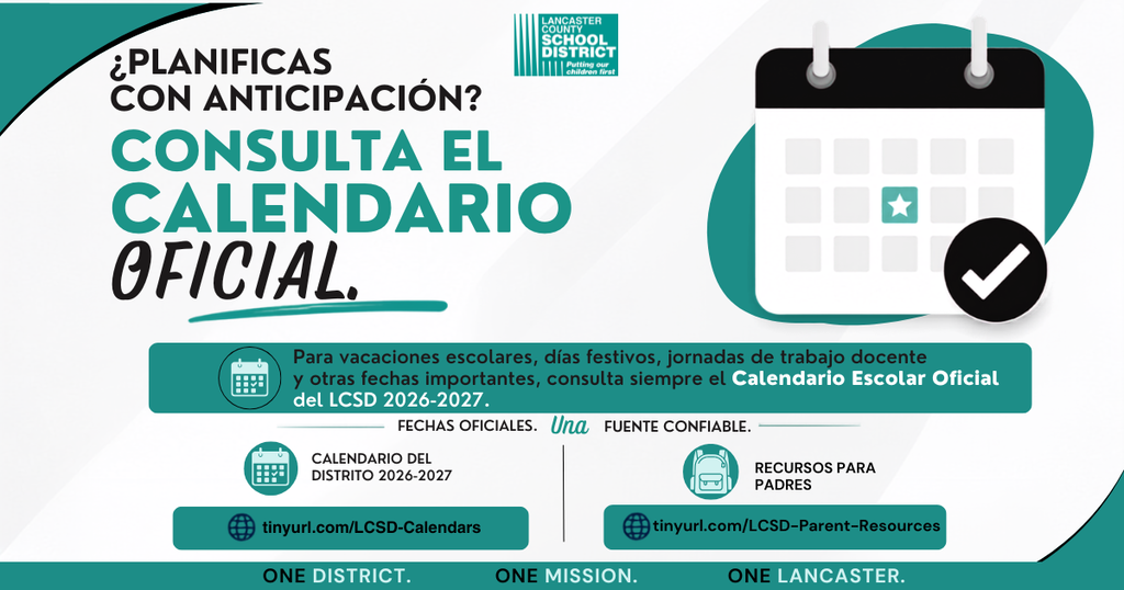 Advertisement for official calendar with a calendar icon, check mark, and icons for resources. Green and white background.