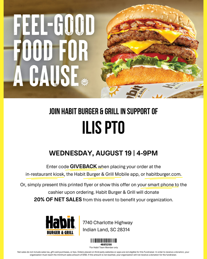An advertisement for a burger restaurant's special event. Text reads: "Feel-Good Food for a Cause" and "Join Habit Burger & Grill in Support of ILIS PTO."
