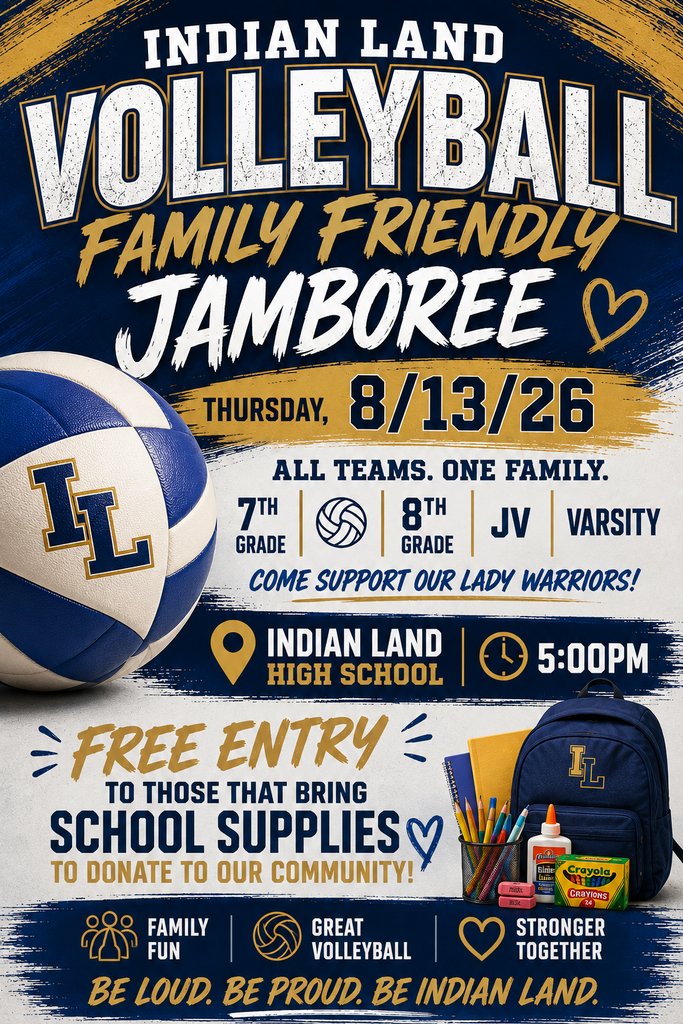 Poster with blue and white colors featuring a volleyball ball, supplies, and a backpack. Text reads "Indian Land Volleyball Family Friendly Jamboree, 8/13/26, 5:00pm".