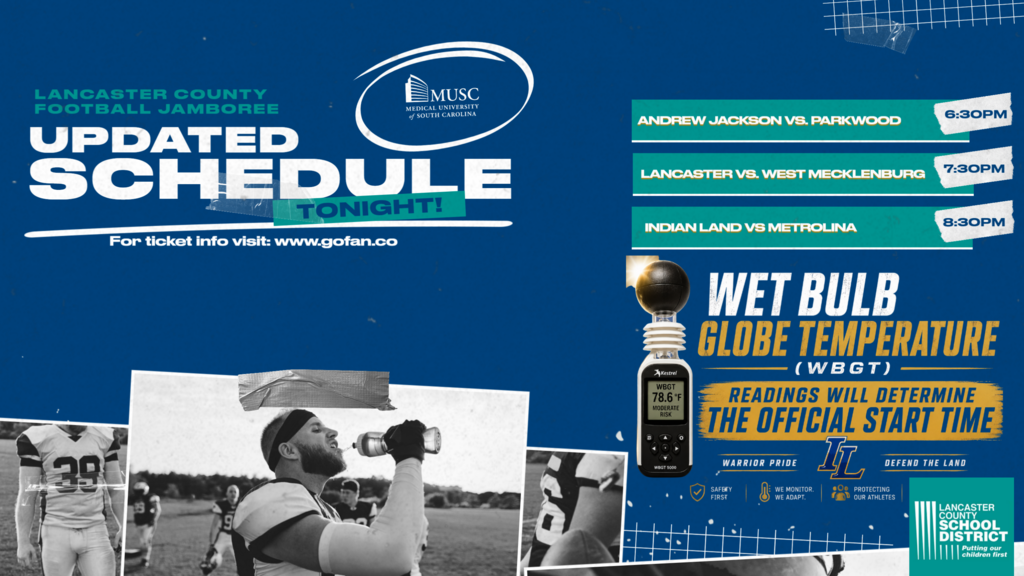 A sports event schedule with a digital thermometer and a player drinking water. Blue background with white text.
