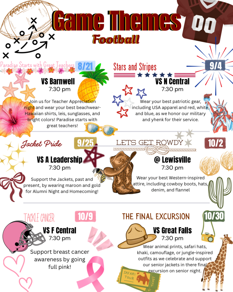 A chart lists football game dates, themes, and suggested attire. Each game features a specific theme, such as Stars and Stripes, Jacket Pride, and Table Cancer.