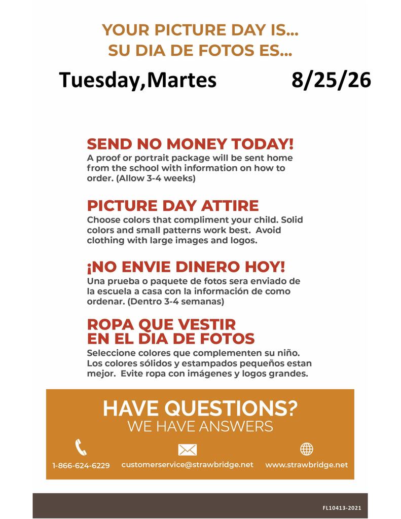 A flyer informs about a photo day on Tuesday, March 8. Details include sending a portrait package, attire advice, and no money required.