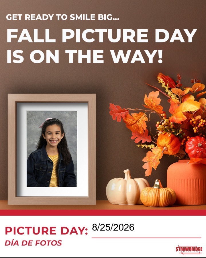 A poster announces "Fall Picture Day is on the way!" with a girl in a photo frame, autumn flowers, pumpkins, and a brown background.