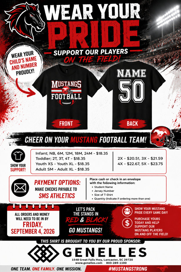 Display of two T-shirts for Mustang football players, front and back views, with sizes and prices. The order deadline is September 4, 2026. Payment options available.