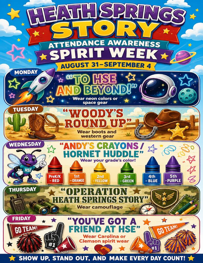 Banner shows five days of themed dress-up options for students. Includes space, cowboy, crayon, camouflage, and sports themes.