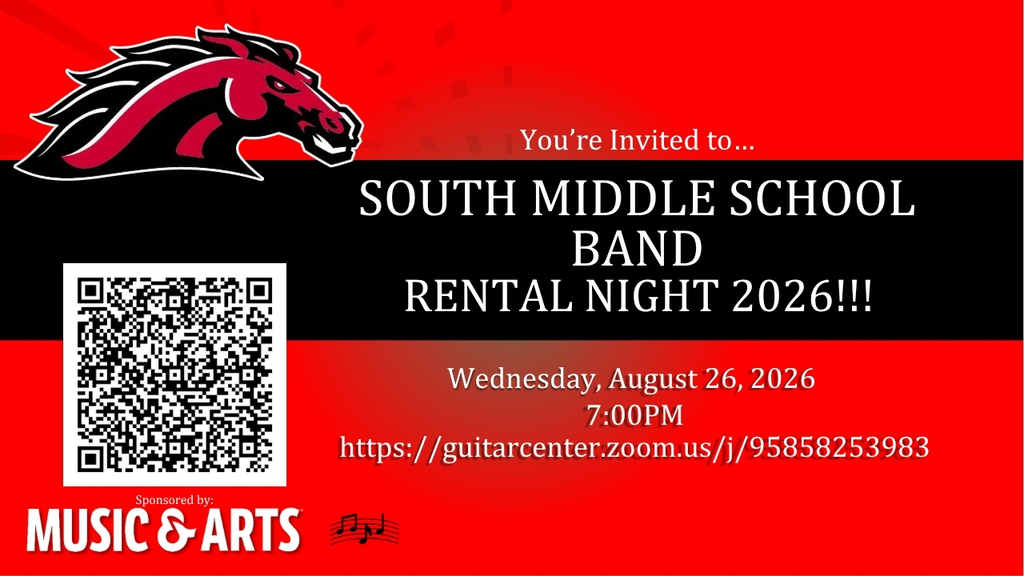 Red and black design with a horse logo. Text reads "You're Invited to South Middle School Band Rental Night 2026". QR code present.