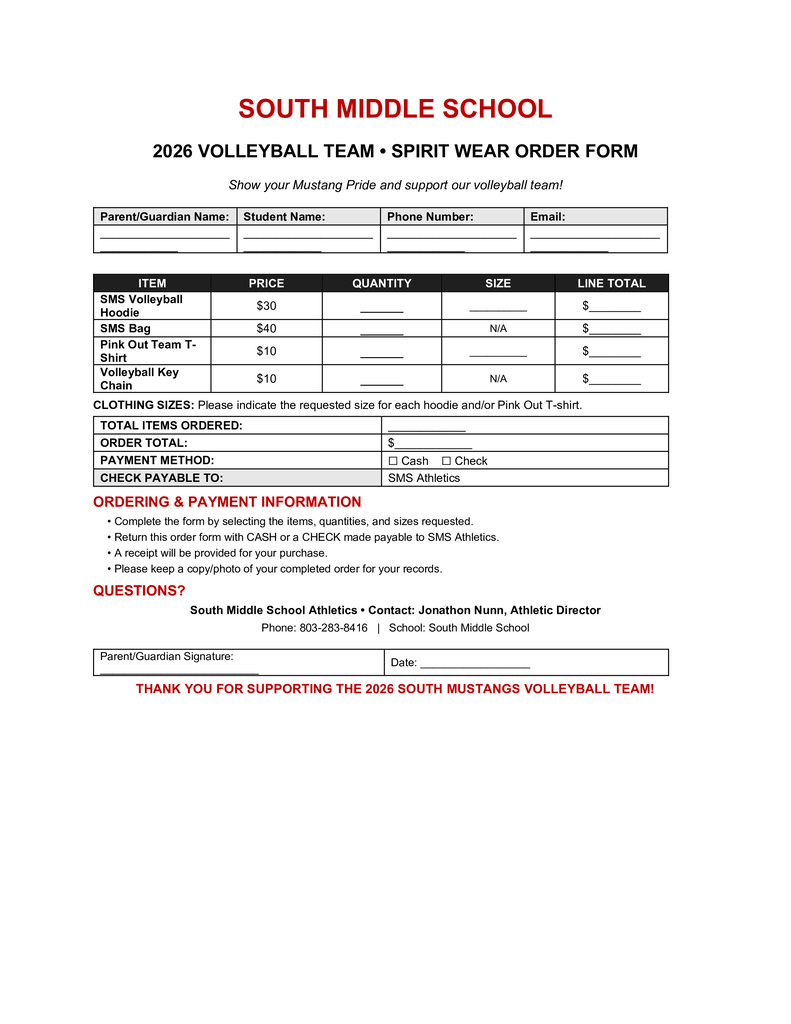 A form with a title "2026 Volleyball Team Spirit Wear Order Form" from South Middle School, includes a table for item orders.