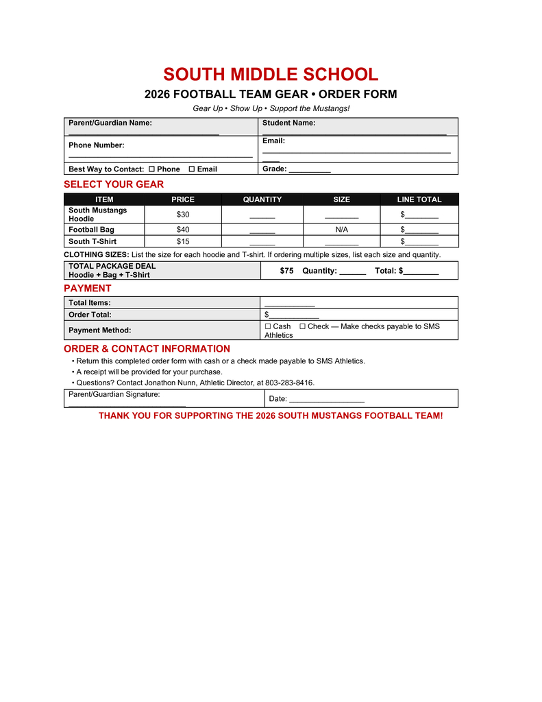 Document with heading "South Middle School 2024 Football Team Gear - Order Form". Sections for selecting gear, payment method, and contact info.