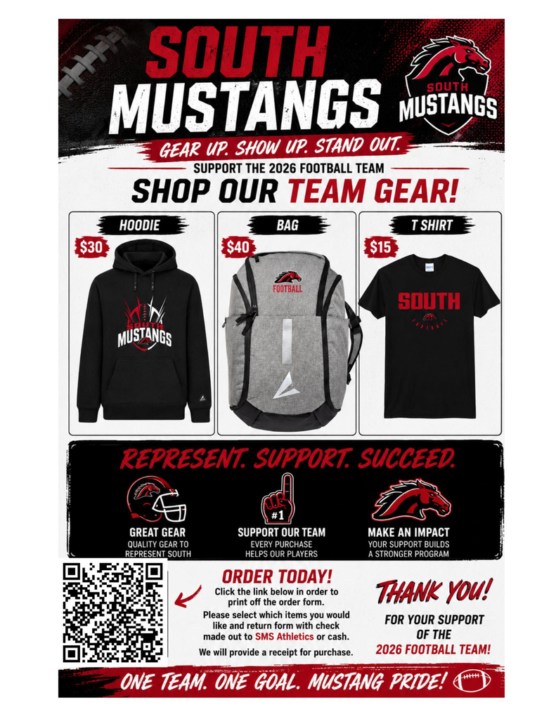 A flyer advertises South Mustangs football gear. It features a hoodie, backpack, and t-shirt. Prices and an order link are provided.