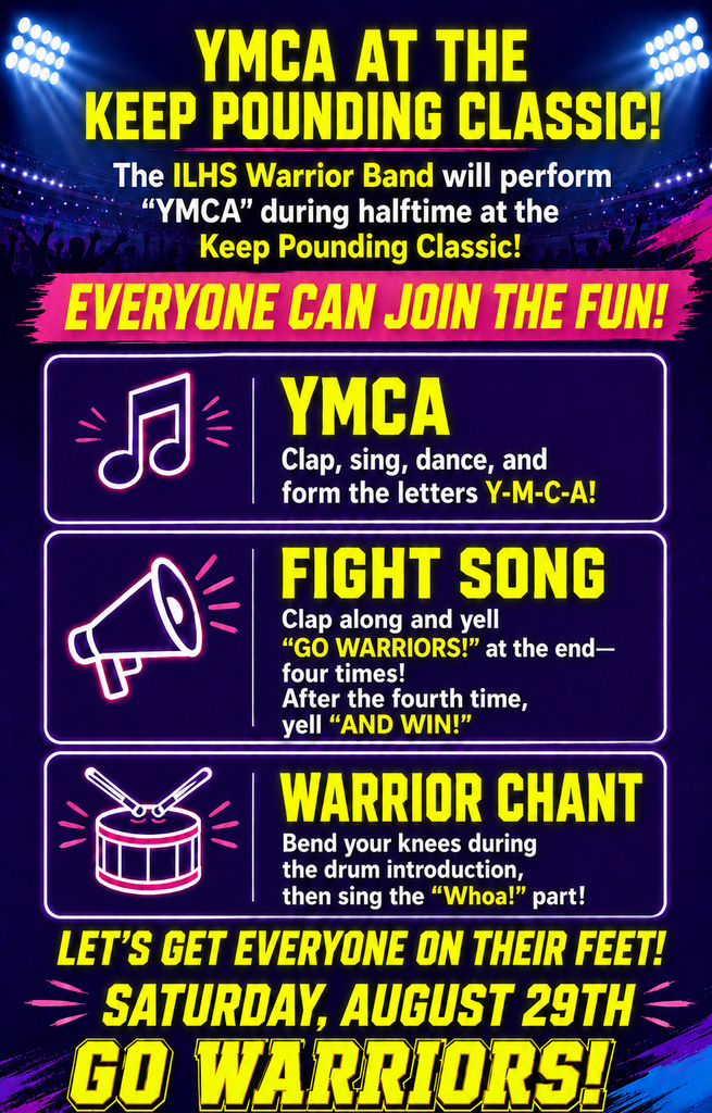Bright colors on a dark background. Text reads "YMCA at the Keep Pounding Classic!" with music, clapping, and chanting icons.