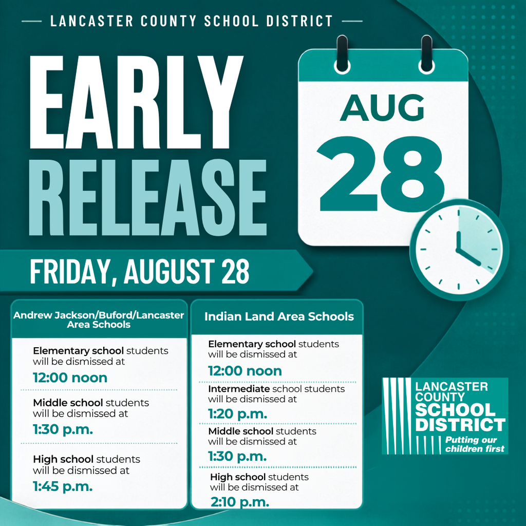 A school district schedule shows early release for various student groups. Date: August 28. Time slots vary.