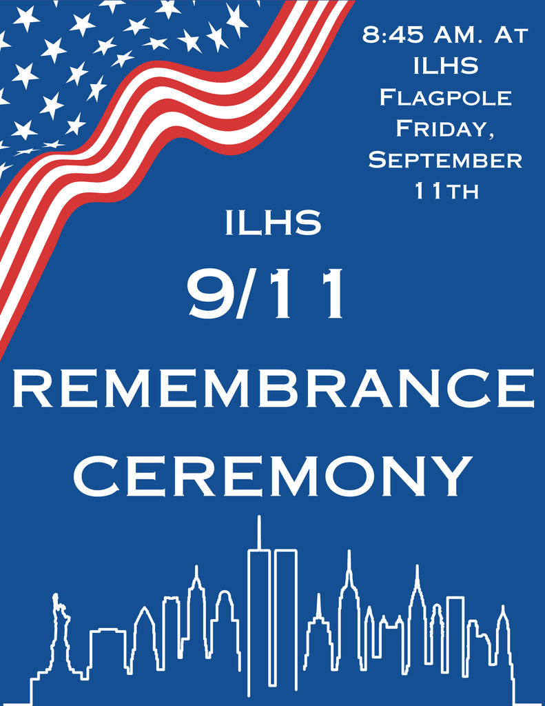 Blue poster with a flag, skyline, and text for a 9/11 remembrance ceremony at 8:45 AM on September 11th.