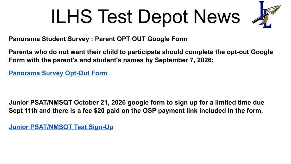 A document titled "ILHS Test Depot News" displays instructions for parents to opt out of surveys.