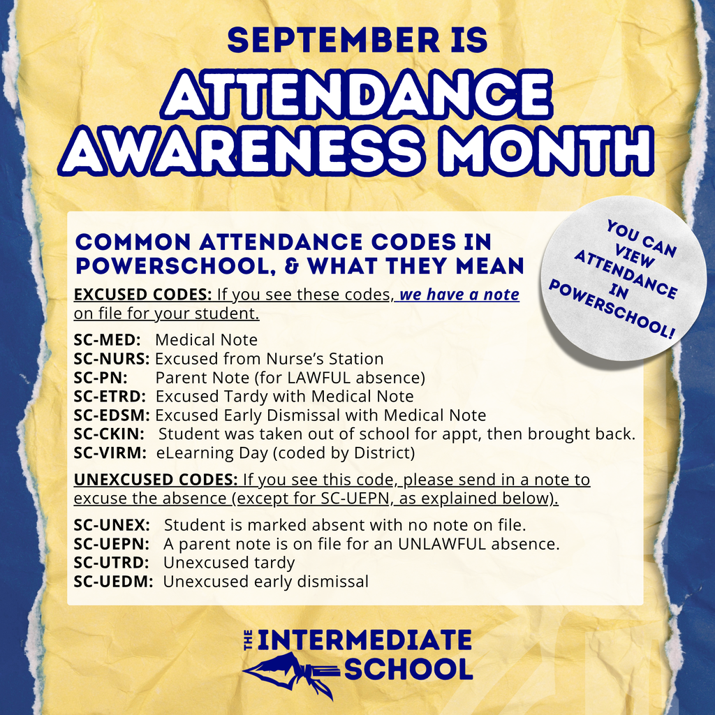 A blue background displays a text "September is Attendance Awareness Month". Text describes codes and their meanings for attendance in schools.