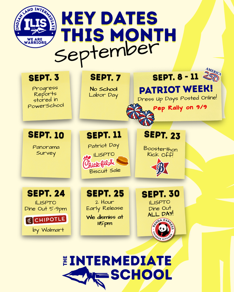 Calendar highlighting key dates in September. Events include Progress Reports, No School, Patriot Week, Panorama Survey, Boosterthon, and Dine Out.