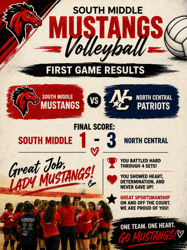 An announcement displays the South Middle Mustangs volleyball team. The game was against North Central Patriots, with scores 1-3. A group of players is shown wearing red jerseys.