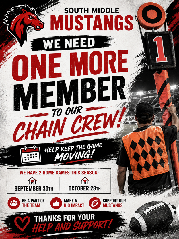 An ad with a red horse logo, bold text "One More Member To Our Chain Crew!" and a man in a vest holding a sign.