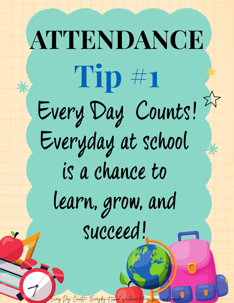 A yellow background with a blue cloud border. The word "ATTENDANCE" in white text. Below it, "Tip #1" and "Every Day Counts!" with school items like a globe, backpack, apple, and clock.