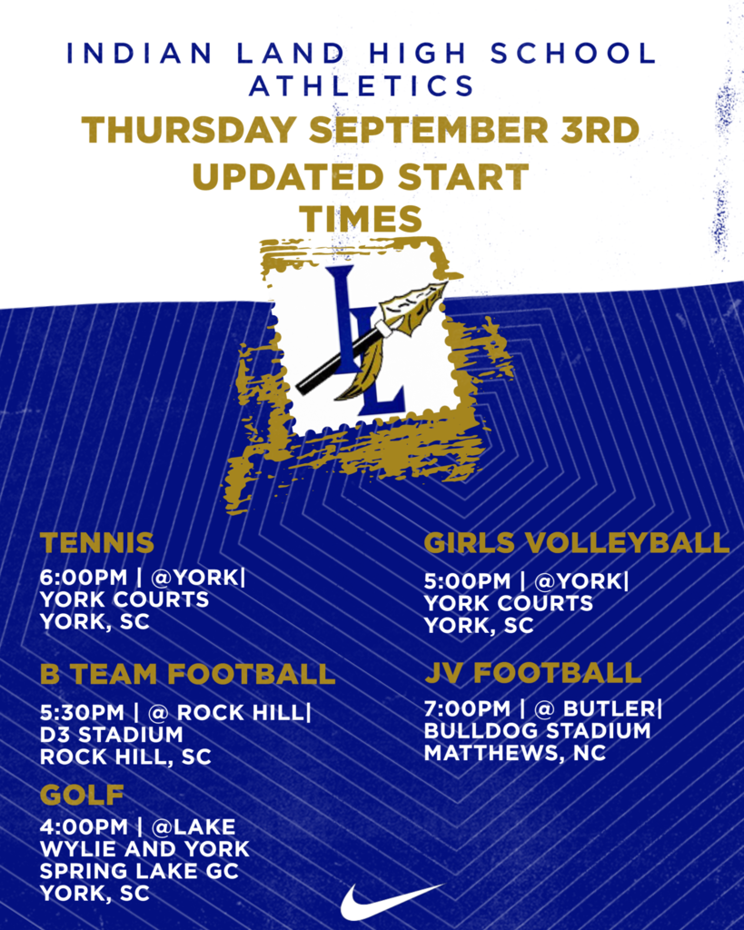 Sports schedule for Indian Land High School Athletics on Thursday, September 3rd. Events include tennis, girls' volleyball, football, and golf.
