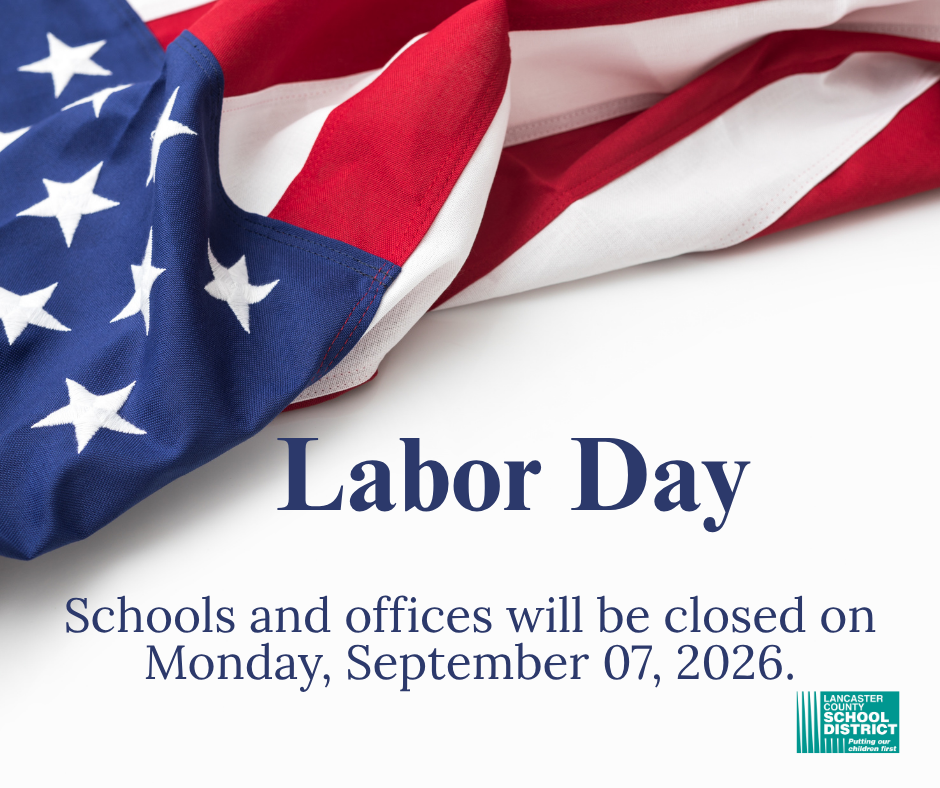 American flag on a white background. Text: "Labor Day. Schools and offices will be closed on Monday, September 07, 2026."