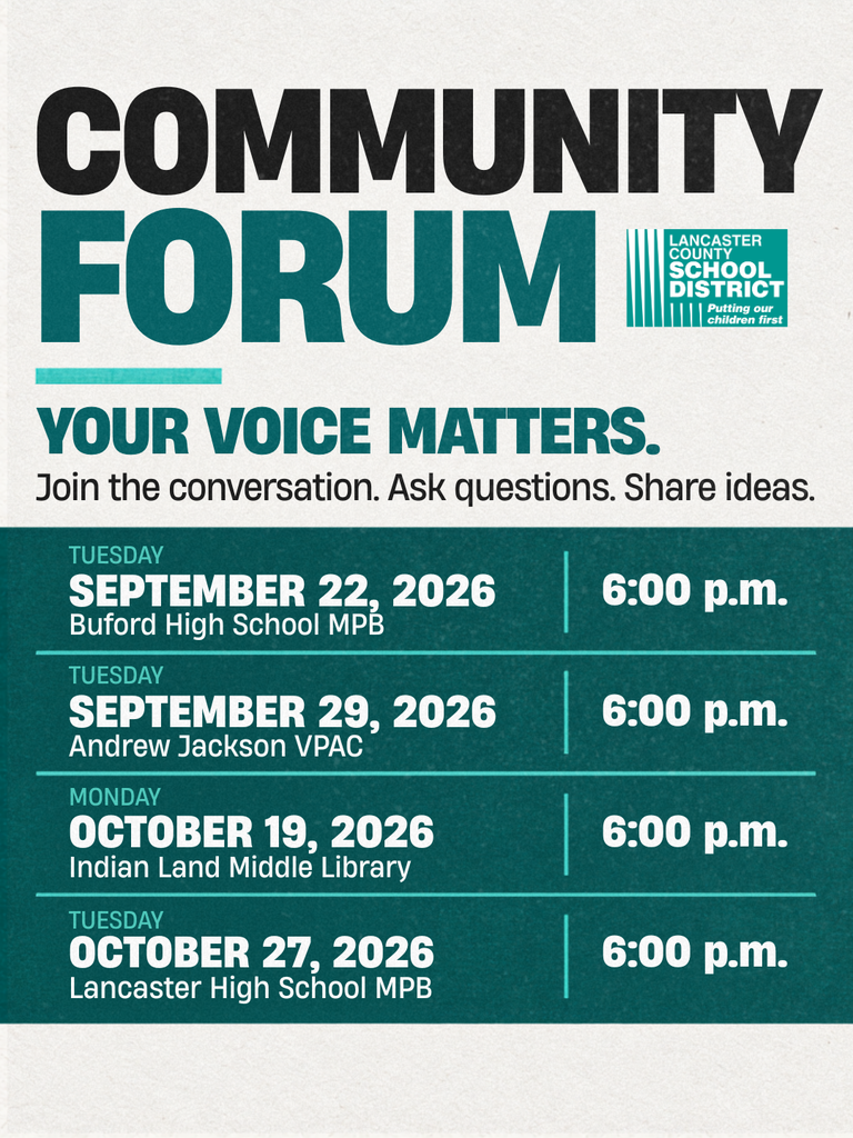 Join Lancaster County School District for an upcoming Community Forum. Ask questions, share ideas, and connect with district leaders.  All forums begin at 6 p.m.  📍 Sept. 22 — Buford High School MPB 📍 Sept. 29 — Andrew Jackson VPAC 📍 Oct. 19 — Indian Land Middle School Library 📍 Oct. 27 — Lancaster High School MPB
