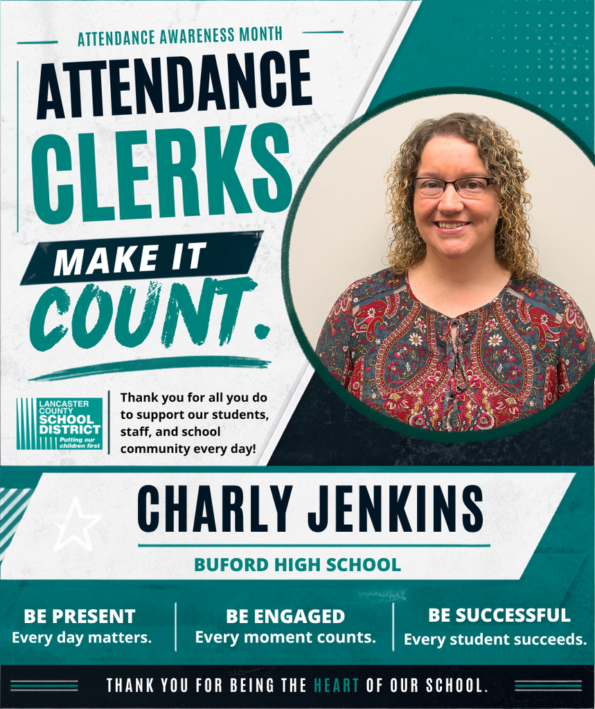 Advertisement poster highlighting attendance clerks with a woman named Charly Jenkins, wearing glasses and a patterned shirt, promoting Buford High School.
