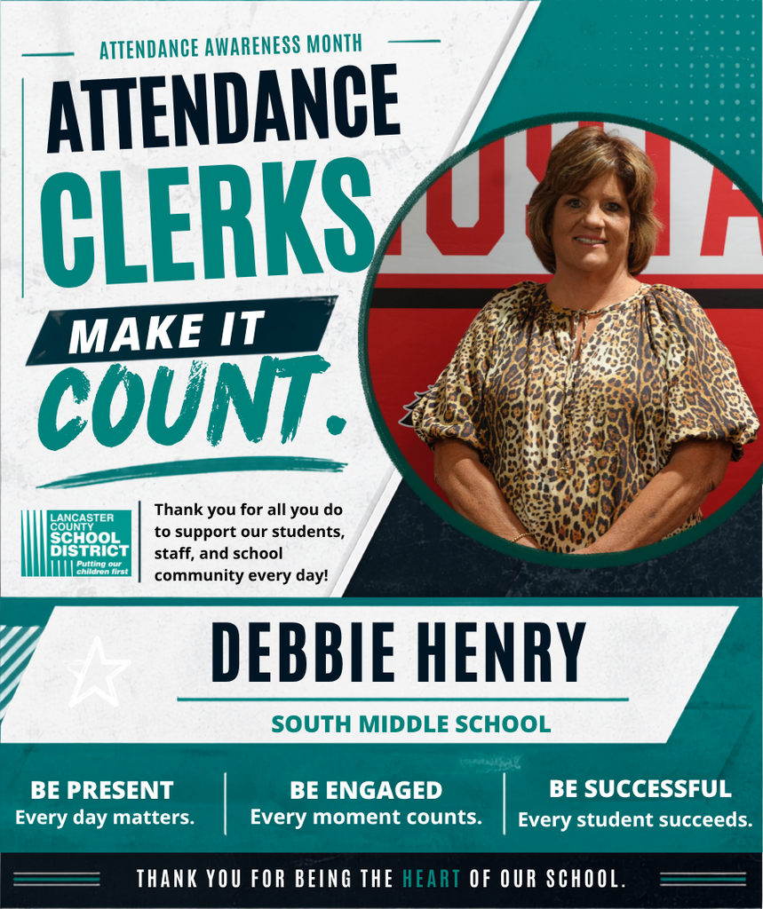 Poster with teal and white background. It features an image of Debbi Henry. It reads: Attendance Clerks Make It Count.