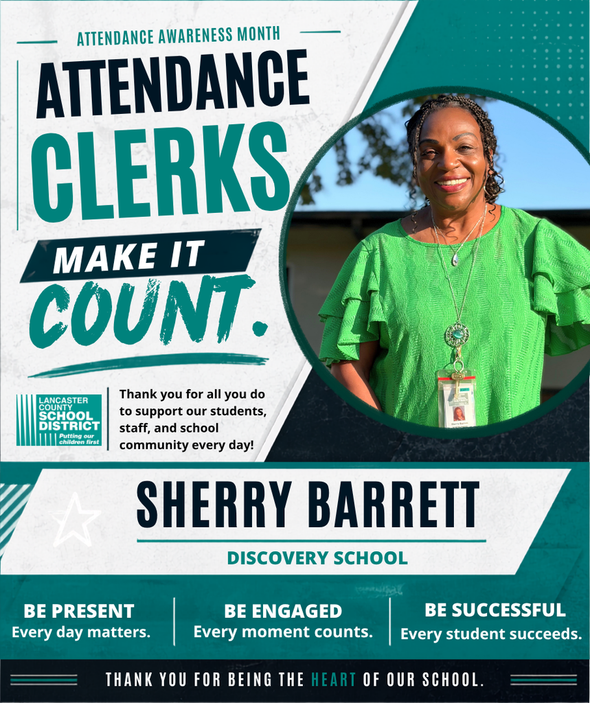 Poster with "Attendance Awareness Month" and "Clerks Make It Count" text. A smiling woman in green, named Sherry Barrett, holds an ID badge.