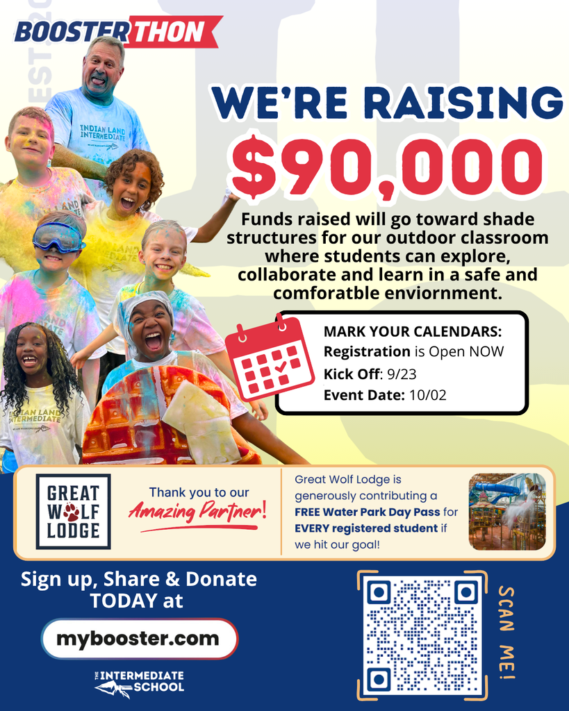 Poster promoting a Boosterthon event. It highlights funds needed and benefits, including a free Water Park Day Pass.