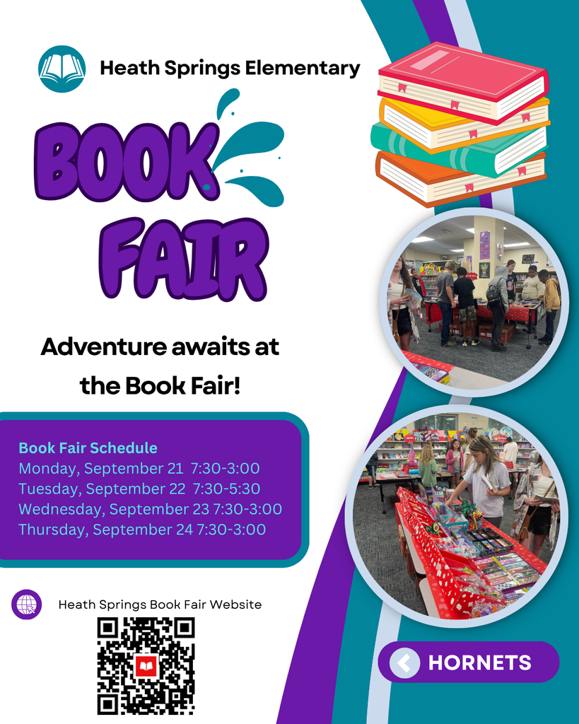 Poster with bold purple and blue background. It reads "Book Fair" in large purple text. Below it, a schedule shows the event dates and times. QR code and website URL included.