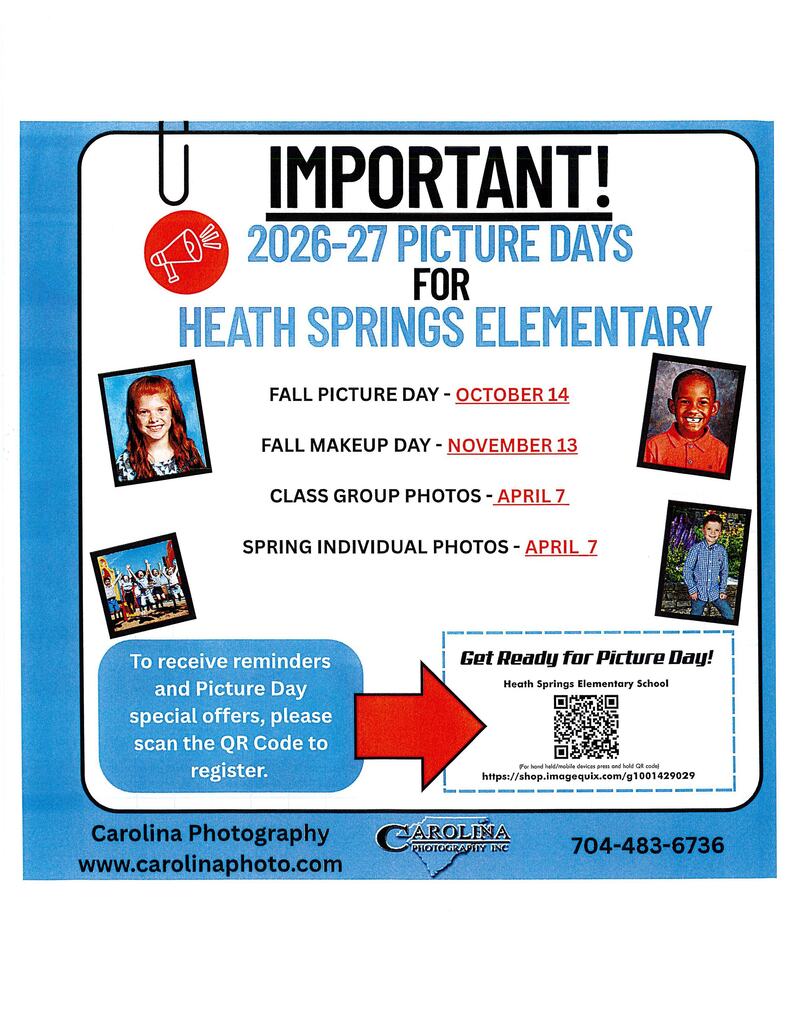 Poster with blue and white colors; "IMPORTANT!" in bold at top. Dates for Heath Springs Elementary's 2026-27 picture days.