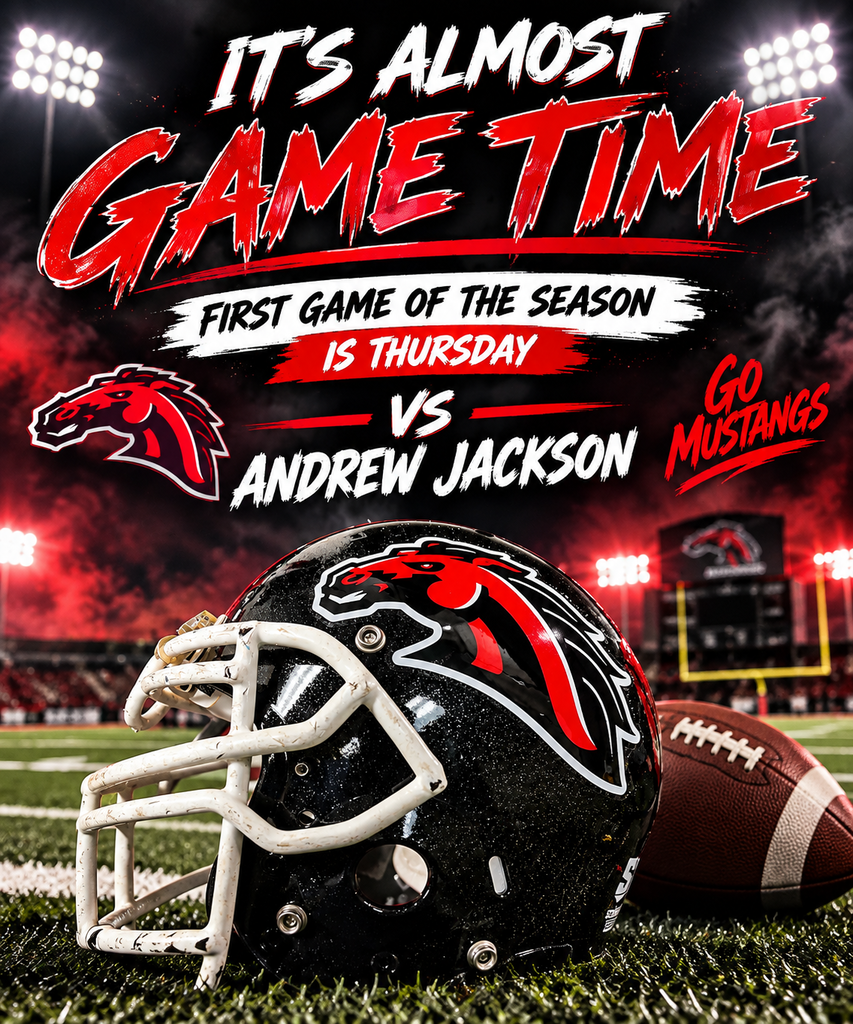 Football helmet on field with team logo and stadium background. Text reads: "It's Almost Game Time, First Game of the Season Is Thursday."