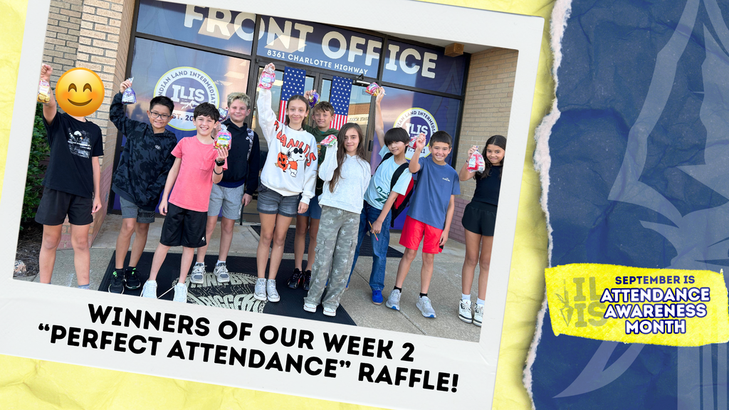 A group of students stands outside a building, smiling and holding items. They are labeled "Winners of our Week 2 'Perfect Attendance' Raffle!".