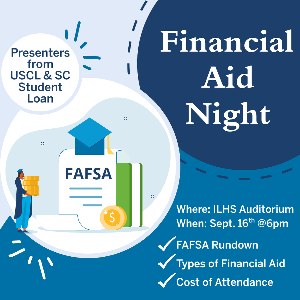 Event flyer with a blue background. A figure holding a box with "FAFSA" on it. Other text reads "Financial Aid Night".
